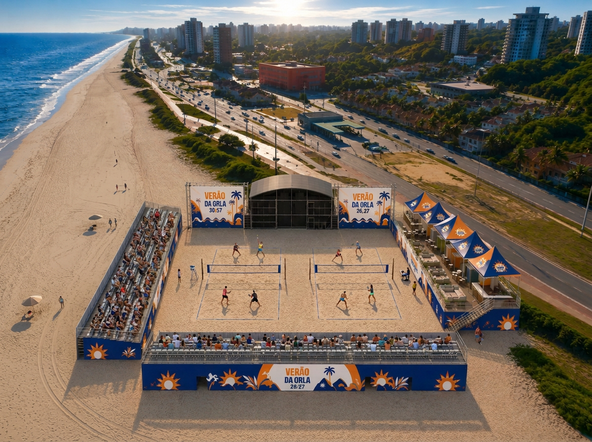 Vista aérea da orla com a Arena de Verão montada